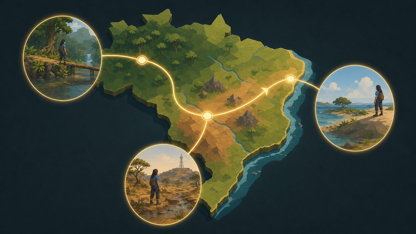 Cena conceitual do jogo em telas de computador e celular